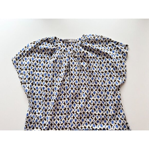 ZARA Blue Printed Cotton Voile Tiered A-Line Midi Dress, Size L - Picture 7 of 15